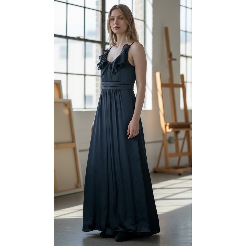 BCBG Paris Navy Blue Satin Ruffle V-Neck Empire Waist Maxi Gown Dress Size 4